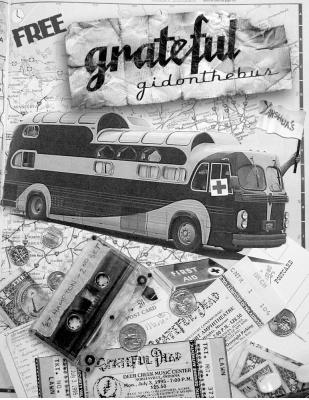 peacemaker bus, old tapes, concert tickets and grateful dead imagery