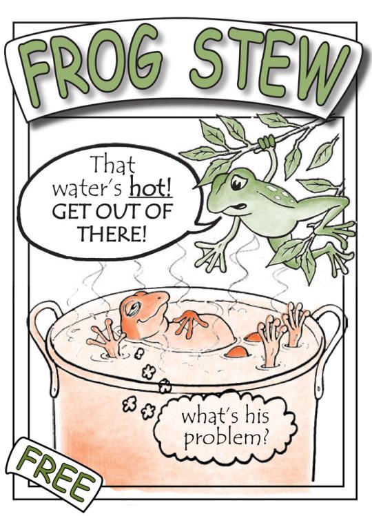 green frog helping red frog out of boiling water
