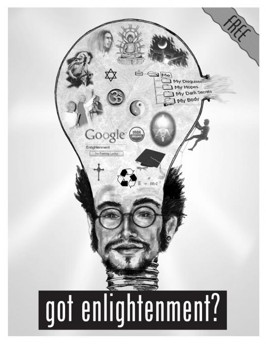college kid with expanded head puffed-up with religious truths, immorality, ecological awareness and internet data