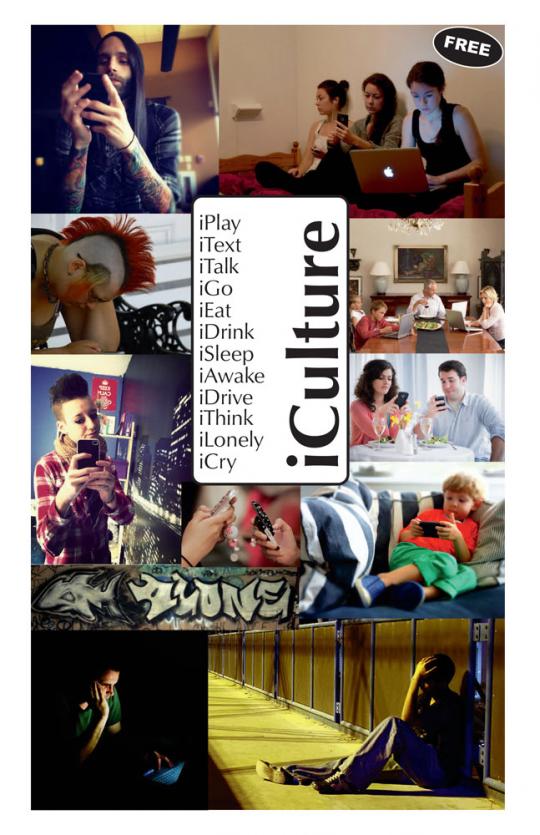 various pictures of youth, some covered with tattoos and outlandish hairdoos staring at iphones and computers